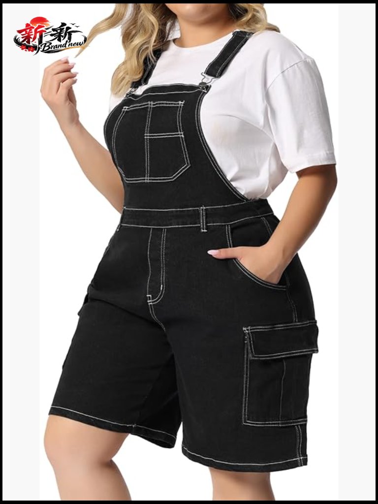 Plus Size Denim Overalls With Adjustable Straps And Cargo Pockets